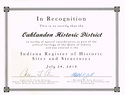Certificate from Indiana Register nof Historic Sites and Structures